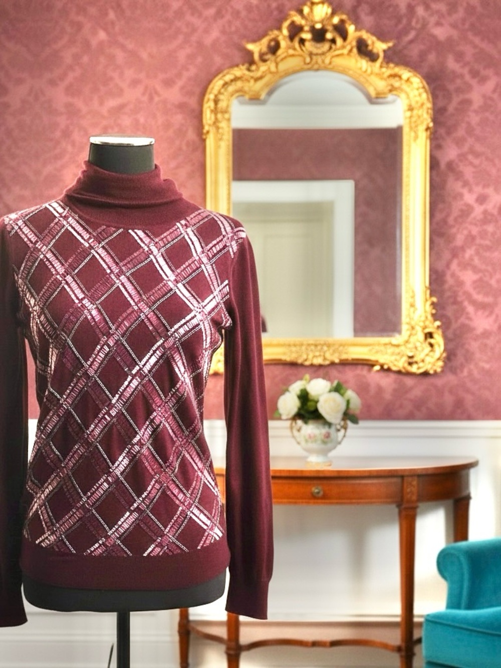 Salvatore Ferragamo Vintage 90’s embellish deep Burgandy turtleneck size S